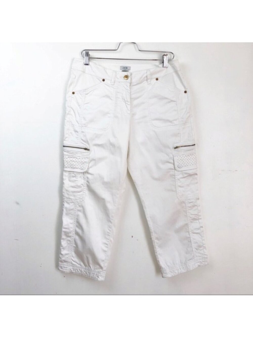 Cache white capri pants with gold embellishments